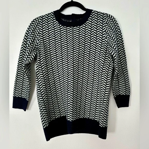 J. Crew Women Italian Cashmere Navy Blue and Mint Green Cropped Sleeve Sweater S - Picture 1 of 9